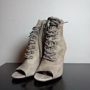 Charles David Taupe Lace-Up Peep Toe Wedge Booties